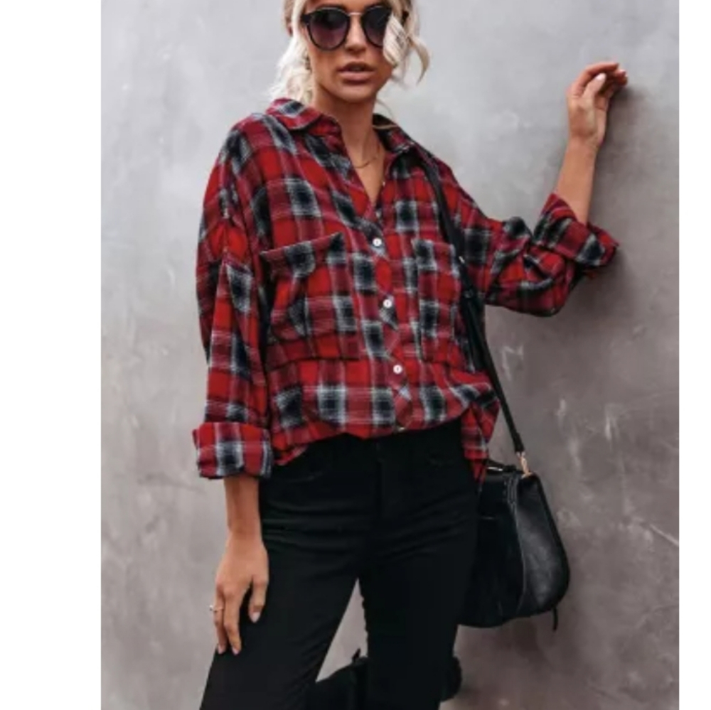 ❣New boutique cotton blend plaid shirt